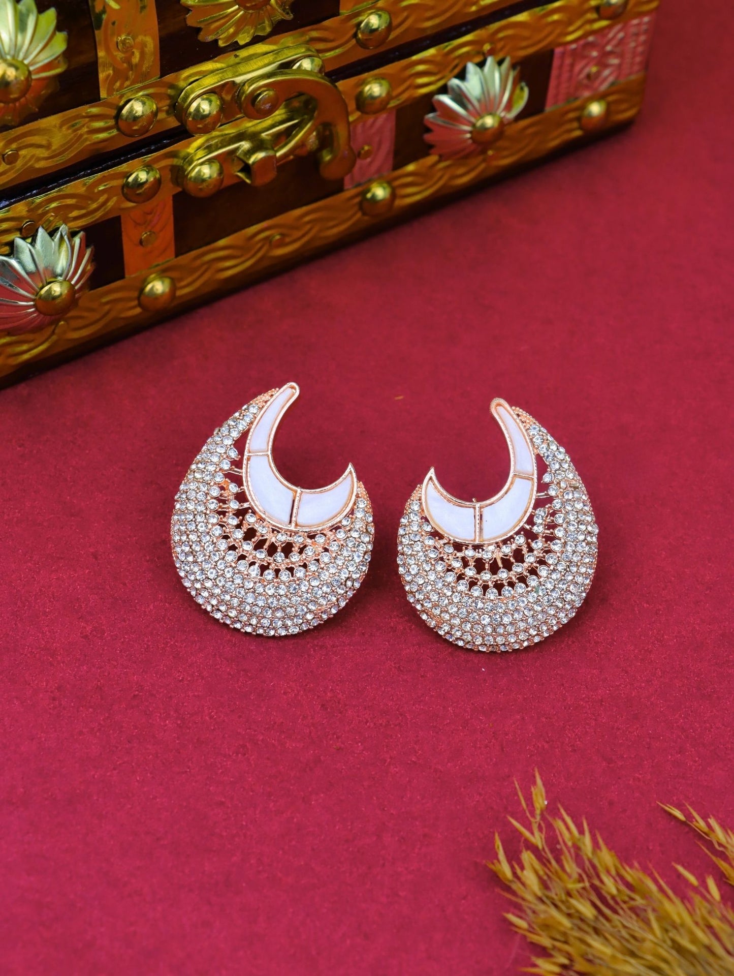Rose Gold Crescent Hoop Earrings with Crystal Stone Detailing for Women & Girls