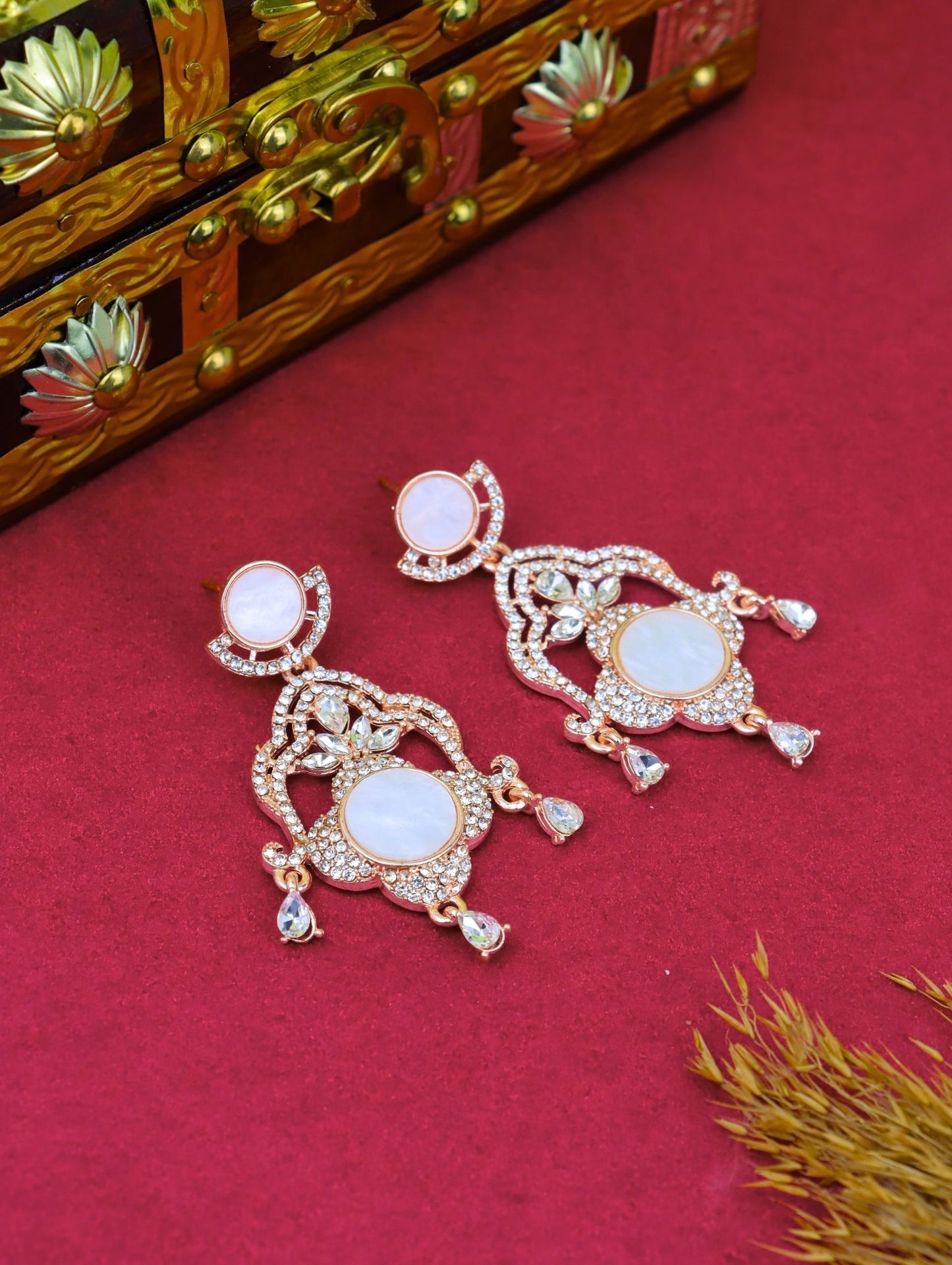 Royal Rose Gold Plated Mother of Pearl (MOP) Chandelier Earrings with CZ Stones – Party & Wedding Wear