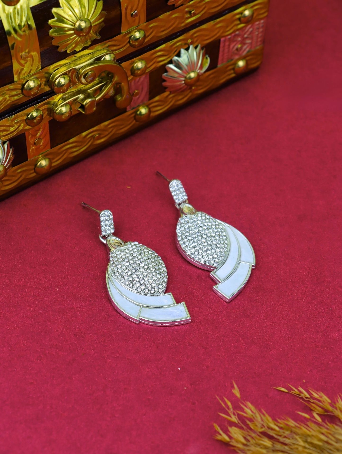 Trendy Crystal Studded Danglers with White Inlay Design
