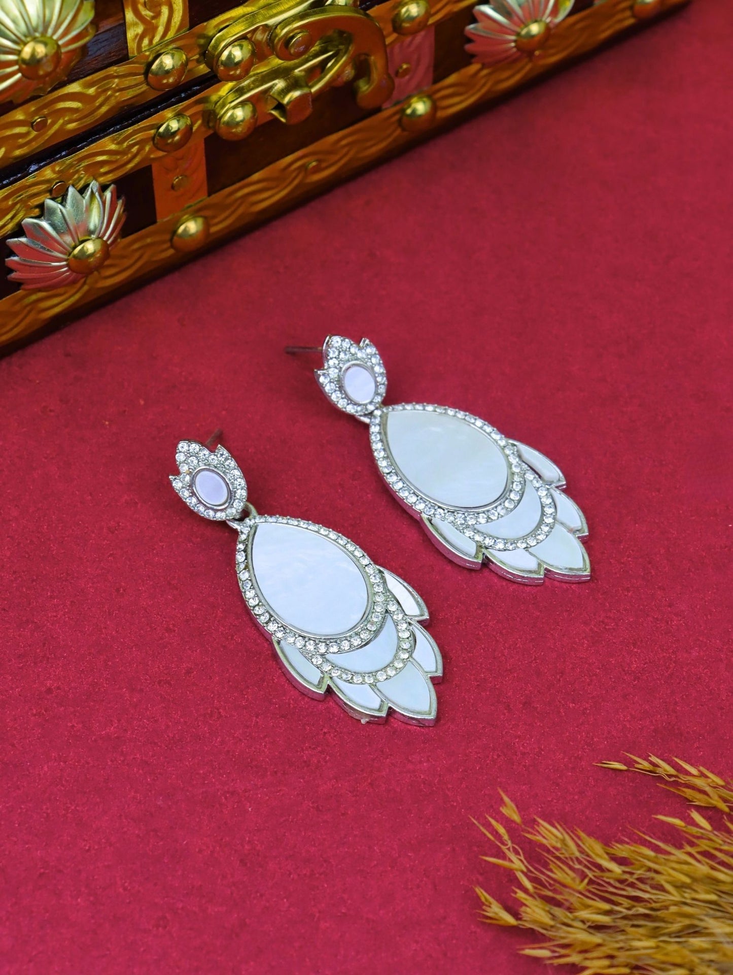 Rose Gold Mother of Pearl Teardrop Petal Earrings with Sparkling CZ – Luxury Party Jewellery