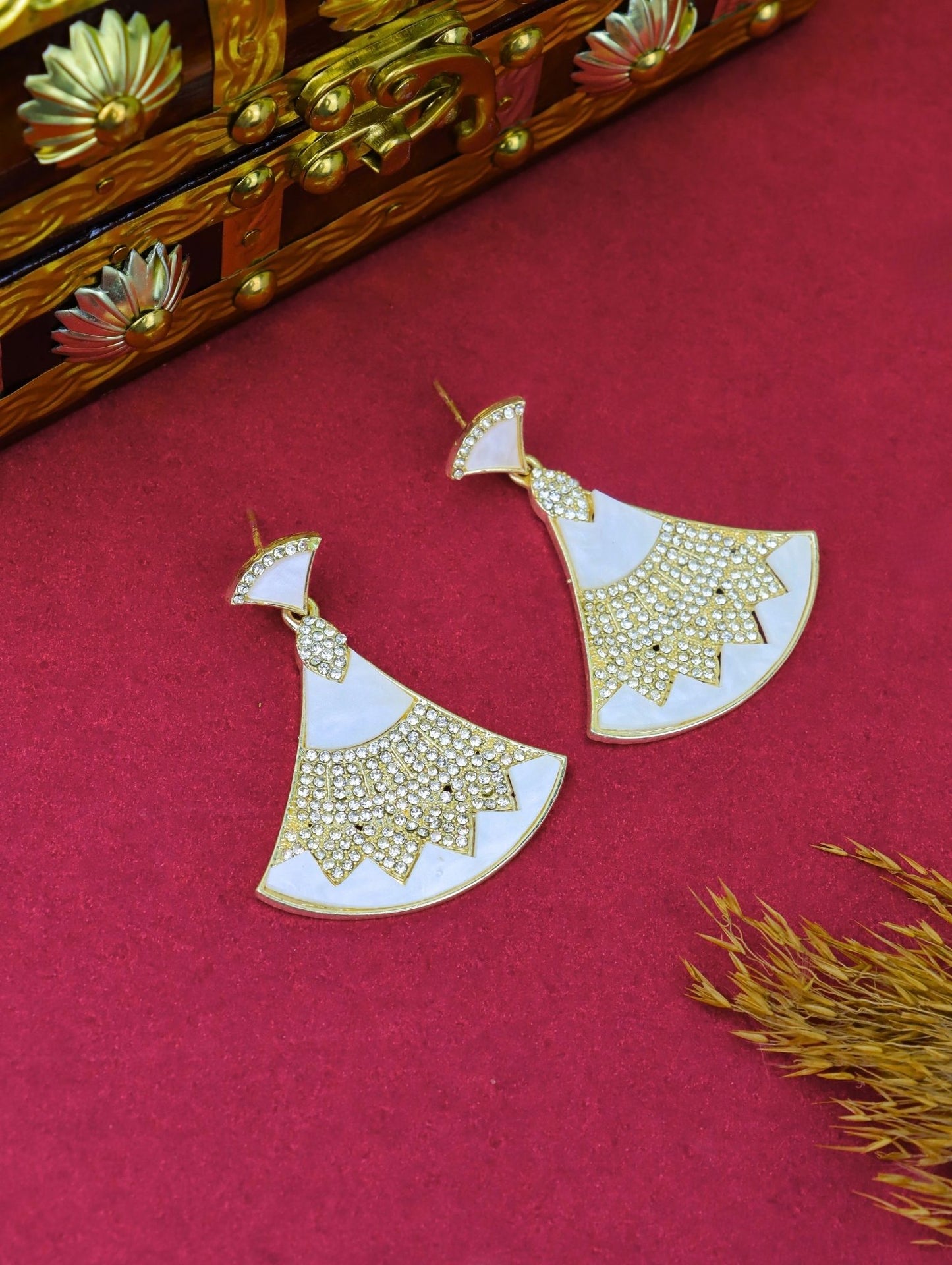 Rose Gold Plated Mother of Pearl (MOP) Fan-Shaped Earrings with Sparkling CZ – Statement Party Jewellery