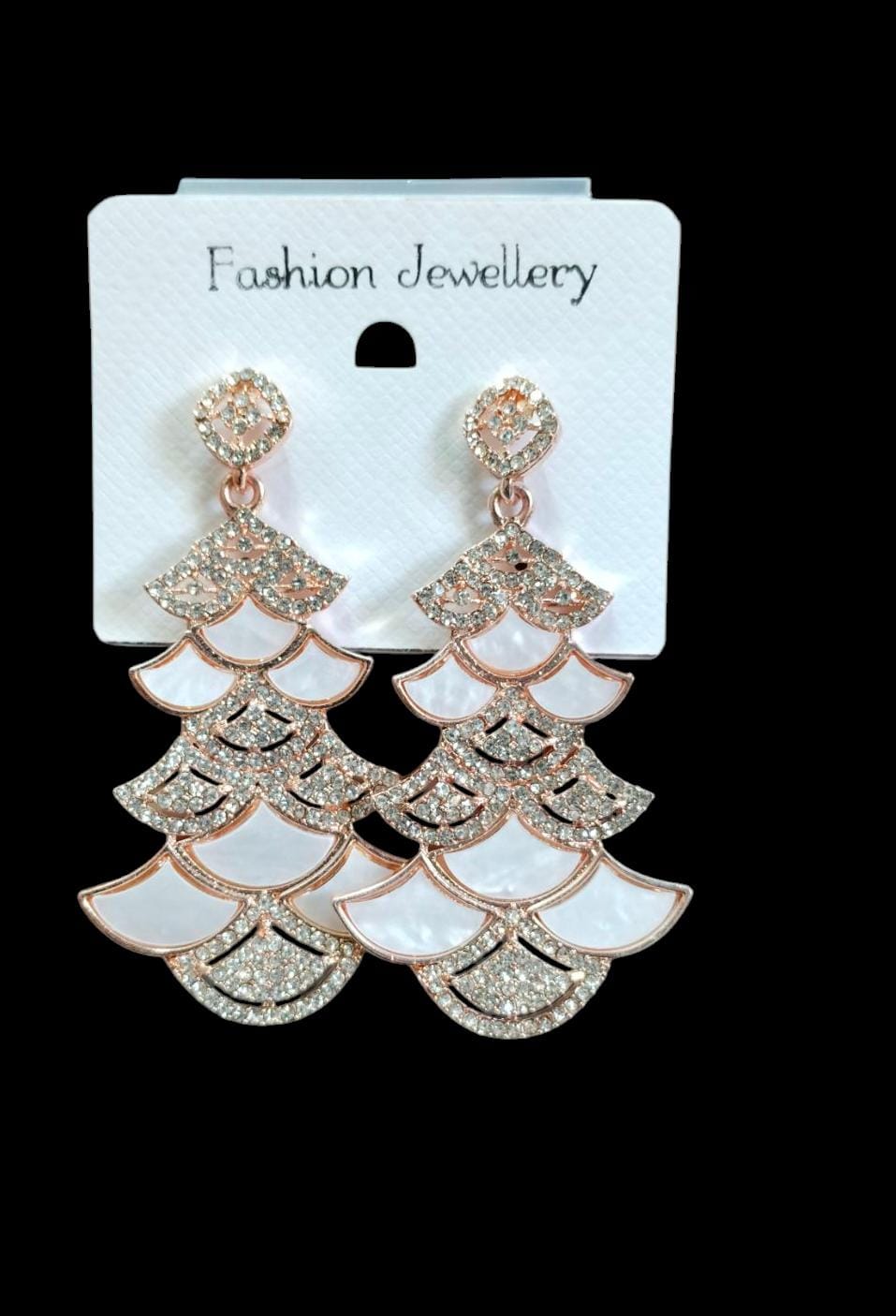 Designer Rose Gold Plated Mother of Pearl (MOP) Layered Fan Drop Earrings with CZ Crystals – Party & Festive Wear