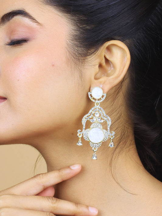 Royal Rose Gold Plated Mother of Pearl (MOP) Chandelier Earrings with CZ Stones – Party & Wedding Wear
