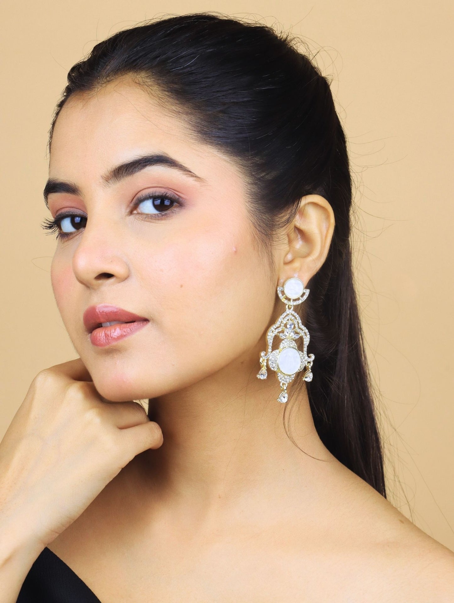 Royal Rose Gold Plated Mother of Pearl (MOP) Chandelier Earrings with CZ Stones – Party & Wedding Wear