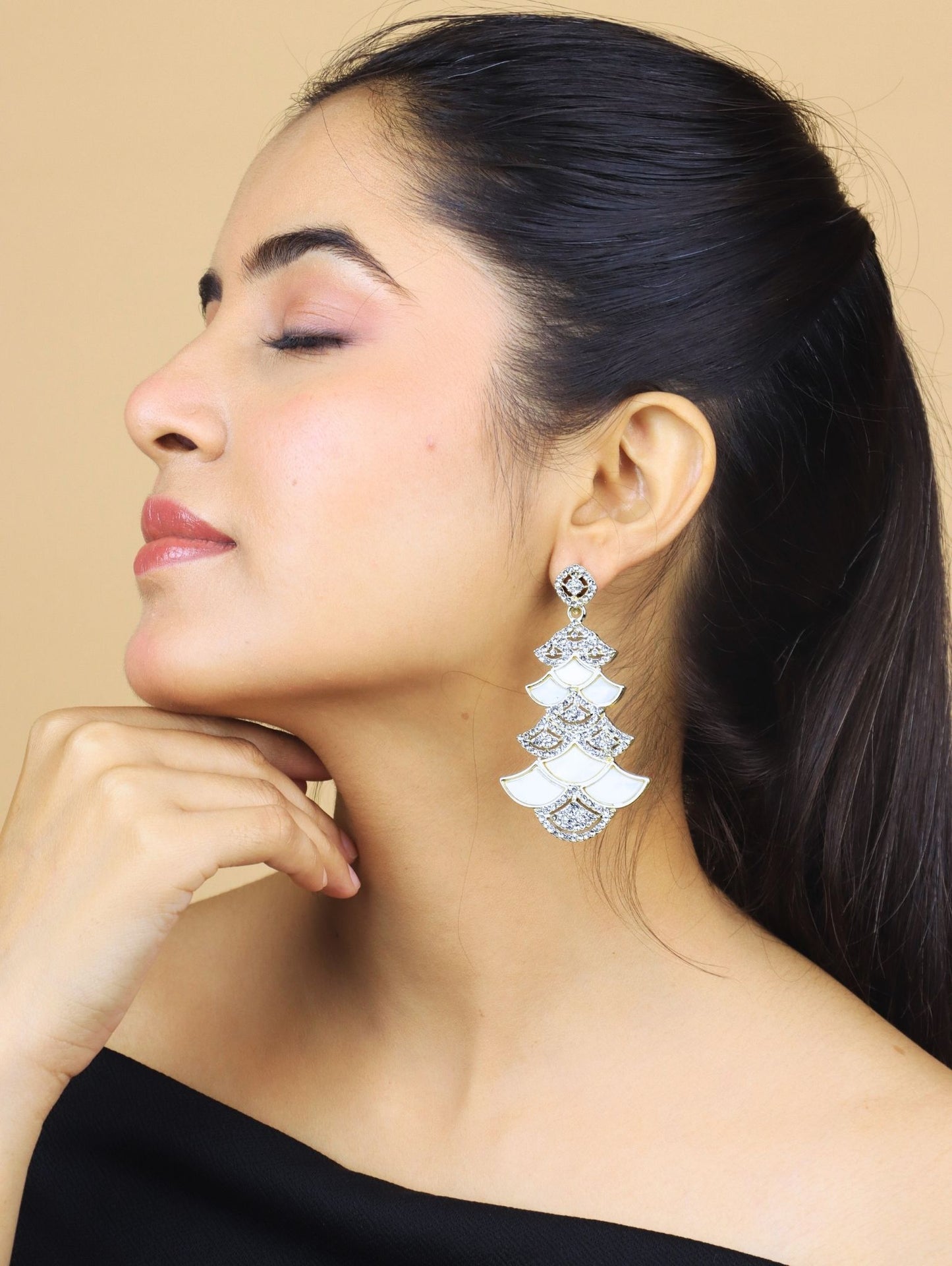 Designer Rose Gold Plated Mother of Pearl (MOP) Layered Fan Drop Earrings with CZ Crystals – Party & Festive Wear