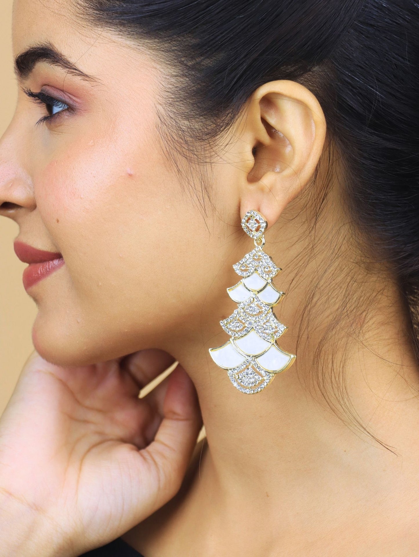 Designer Rose Gold Plated Mother of Pearl (MOP) Layered Fan Drop Earrings with CZ Crystals – Party & Festive Wear