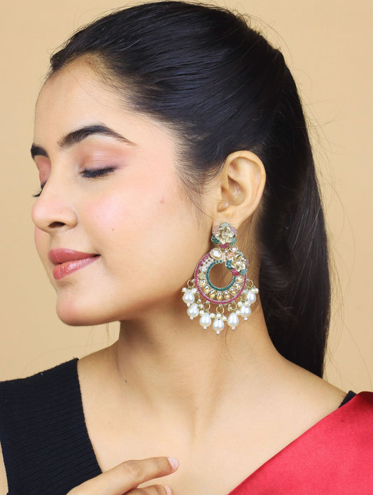 Floral Kundan Chandbali Earrings with Pearl Drops