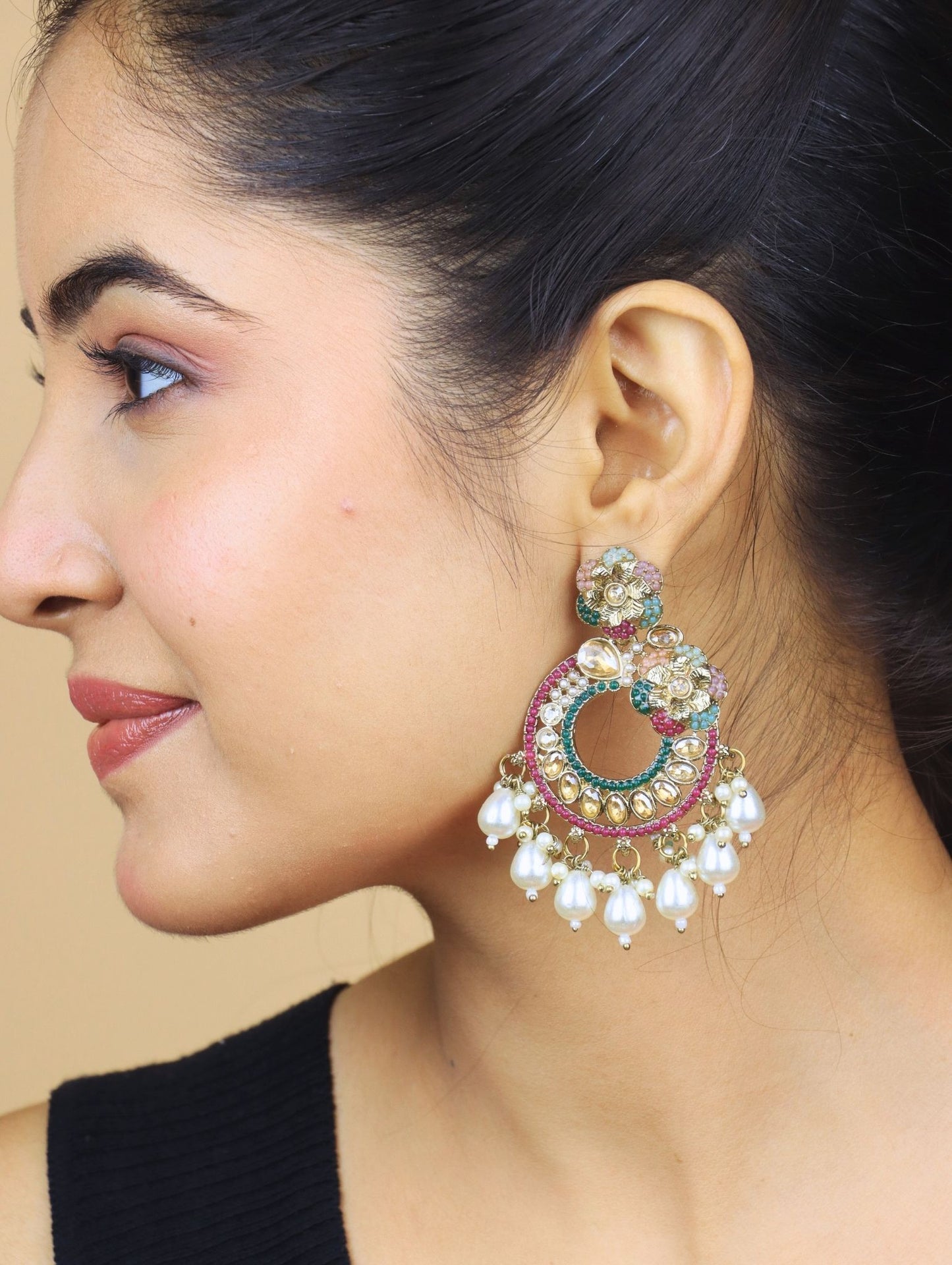 Floral Kundan Chandbali Earrings with Pearl Drops