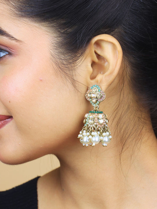 Pastel Kundan Jhumka Earrings with Pearl Clusters – Elegant Bridal & Festive Jewelry