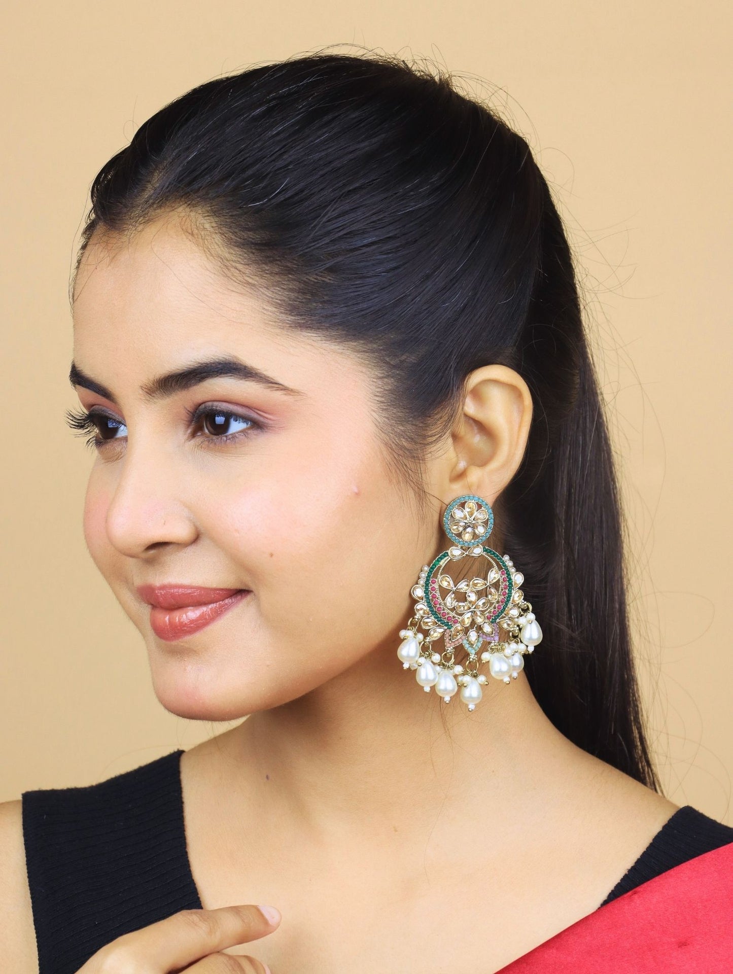 Royal Kundan Chandbali Earrings with Pearl Drops