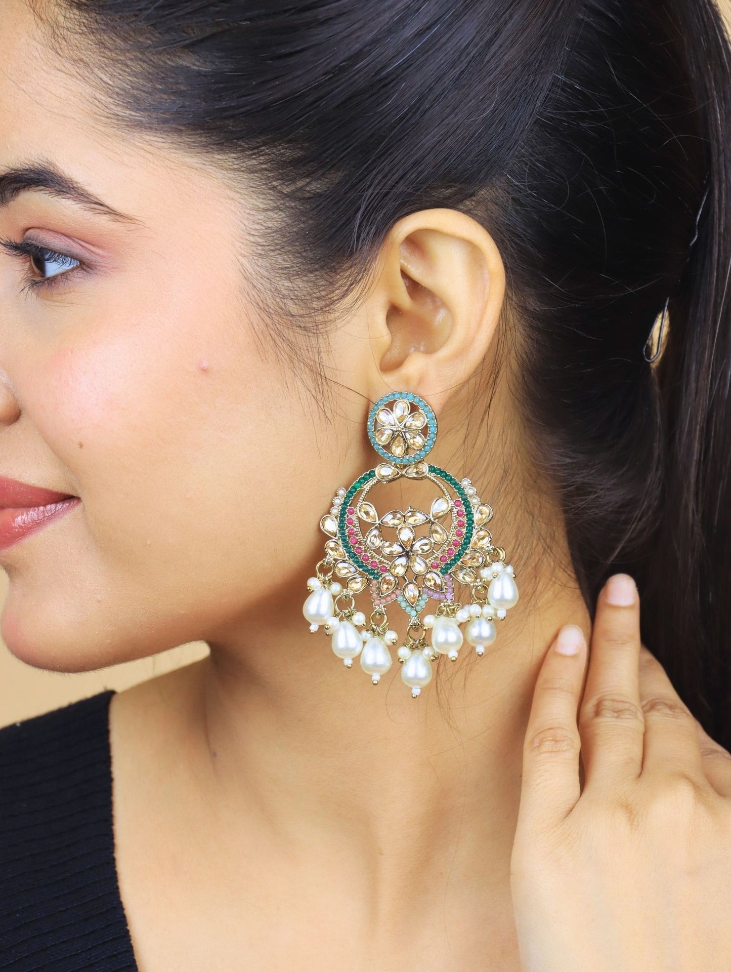 Royal Kundan Chandbali Earrings with Pearl Drops