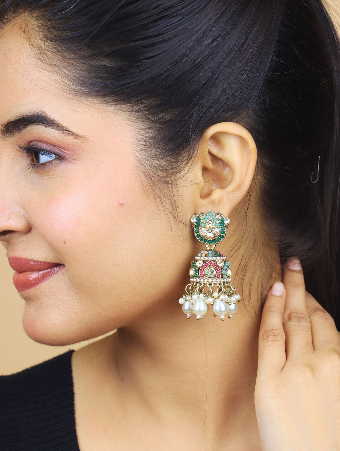 Heritage Kundan Jhumka Earrings with Pearl Drops – Multi-Peral Bridal Earrings