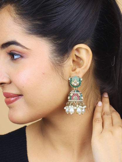 Heritage Kundan Jhumka Earrings with Pearl Drops – Multi-Peral Bridal Earrings