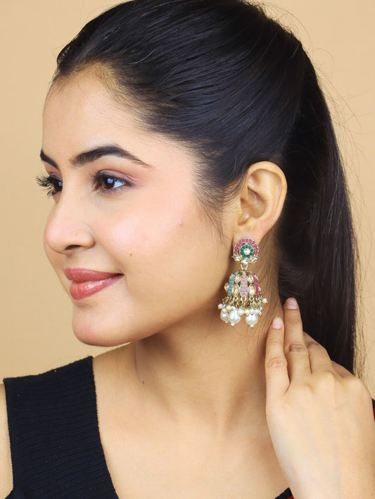 Pink & Green Kundan Jhumka Earrings with Pearl Drops – Bridal & Festive Jewelry