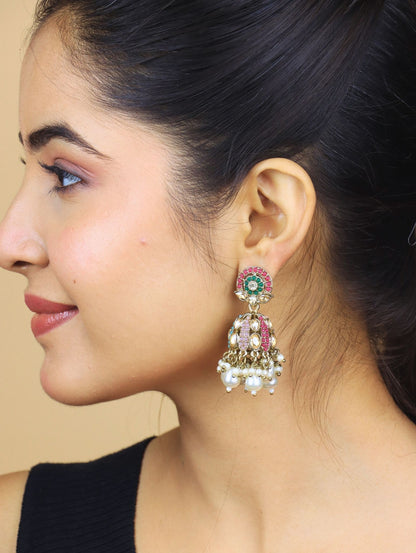Pink & Green Kundan Jhumka Earrings with Pearl Drops – Bridal & Festive Jewelry