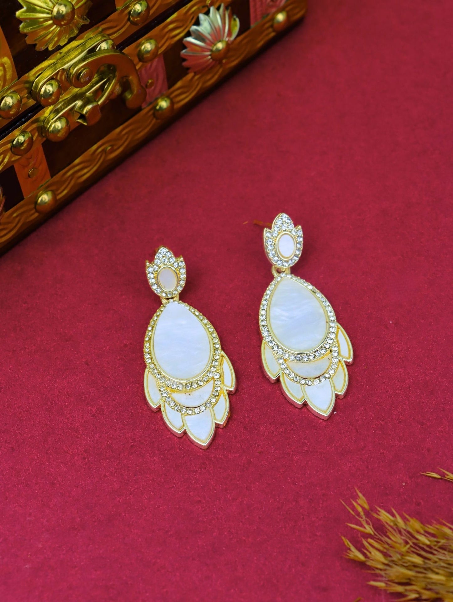 Rose Gold Mother of Pearl Teardrop Petal Earrings with Sparkling CZ – Luxury Party Jewellery
