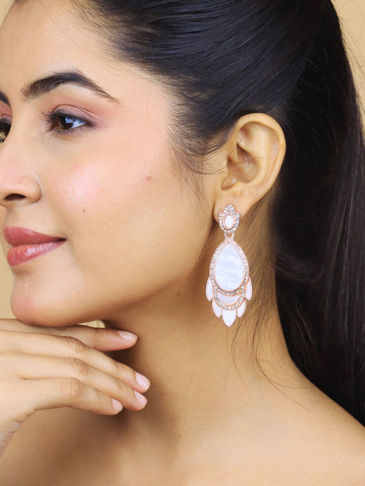 Rose Gold Mother of Pearl Teardrop Petal Earrings with Sparkling CZ – Luxury Party Jewellery