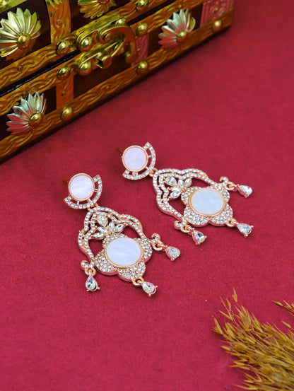 Royal Rose Gold Plated Mother of Pearl (MOP) Chandelier Earrings with CZ Stones – Party & Wedding Wear