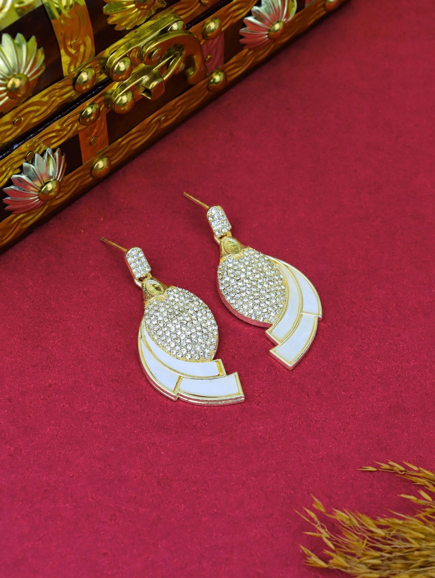 Trendy Crystal Studded Danglers with White Inlay Design