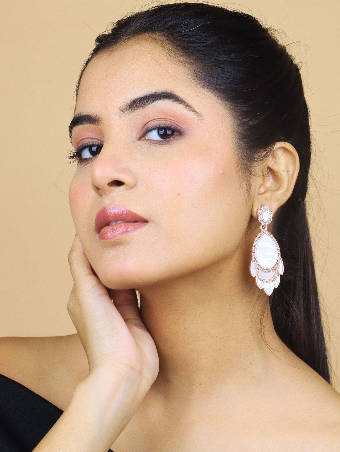 Rose Gold Mother of Pearl Teardrop Petal Earrings with Sparkling CZ – Luxury Party Jewellery