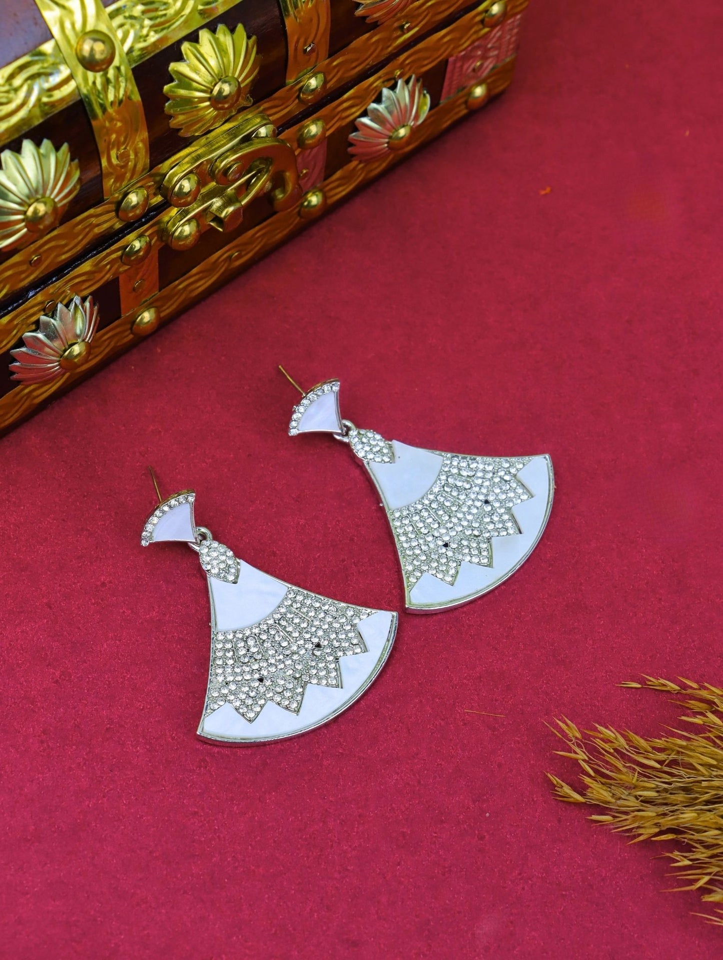 Rose Gold Plated Mother of Pearl (MOP) Fan-Shaped Earrings with Sparkling CZ – Statement Party Jewellery