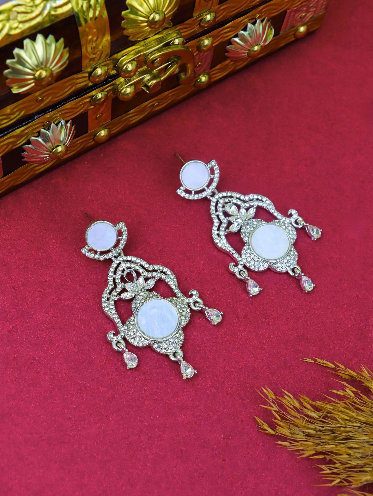 Royal Rose Gold Plated Mother of Pearl (MOP) Chandelier Earrings with CZ Stones – Party & Wedding Wear