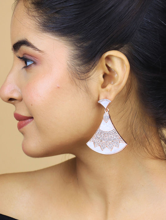 Rose Gold Plated Mother of Pearl (MOP) Fan-Shaped Earrings with Sparkling CZ – Statement Party Jewellery