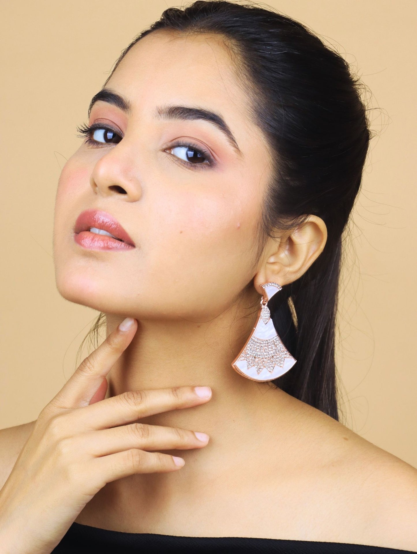 Rose Gold Plated Mother of Pearl (MOP) Fan-Shaped Earrings with Sparkling CZ – Statement Party Jewellery