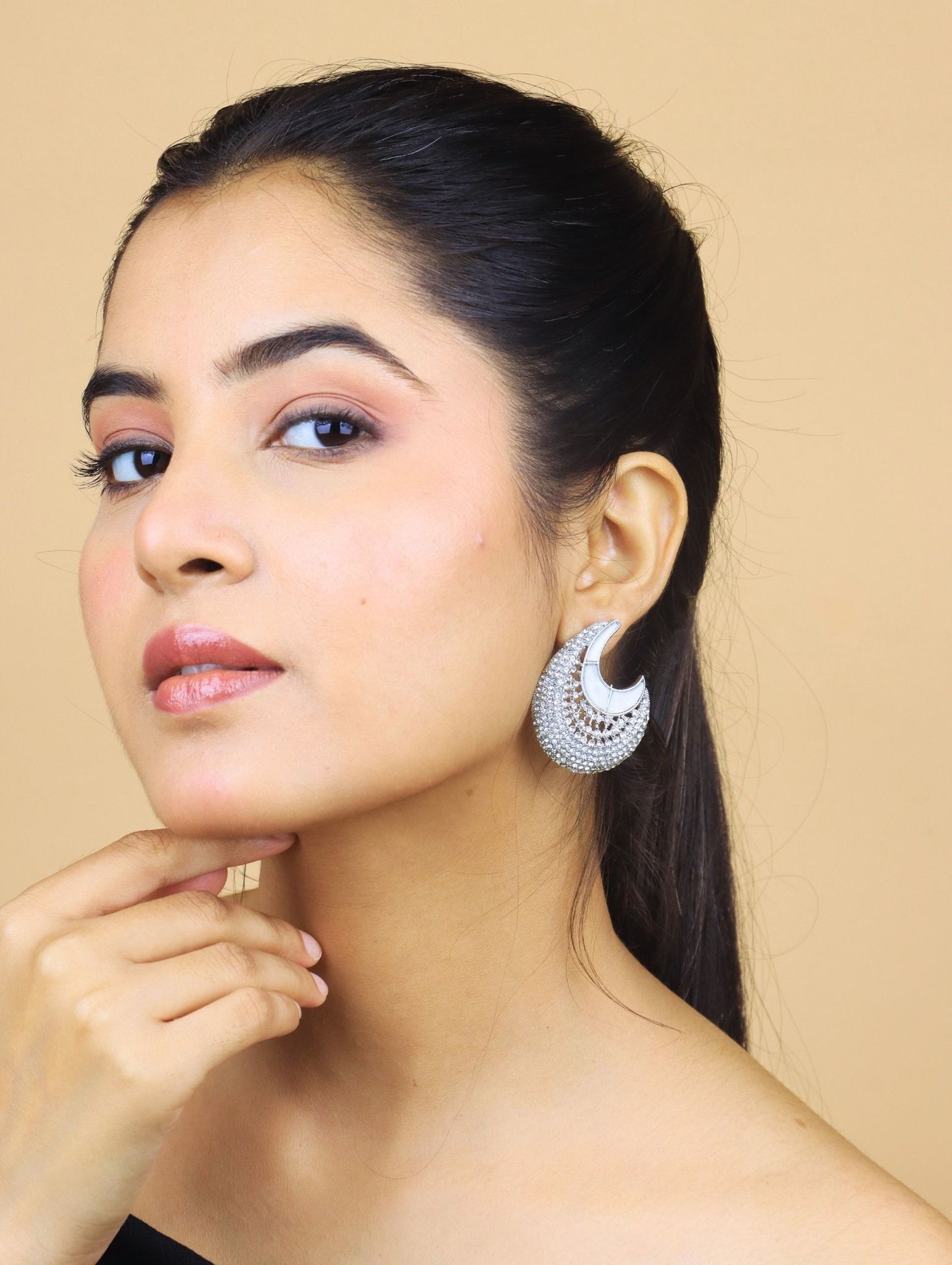 Rose Gold Crescent Hoop Earrings with Crystal Stone Detailing for Women & Girls