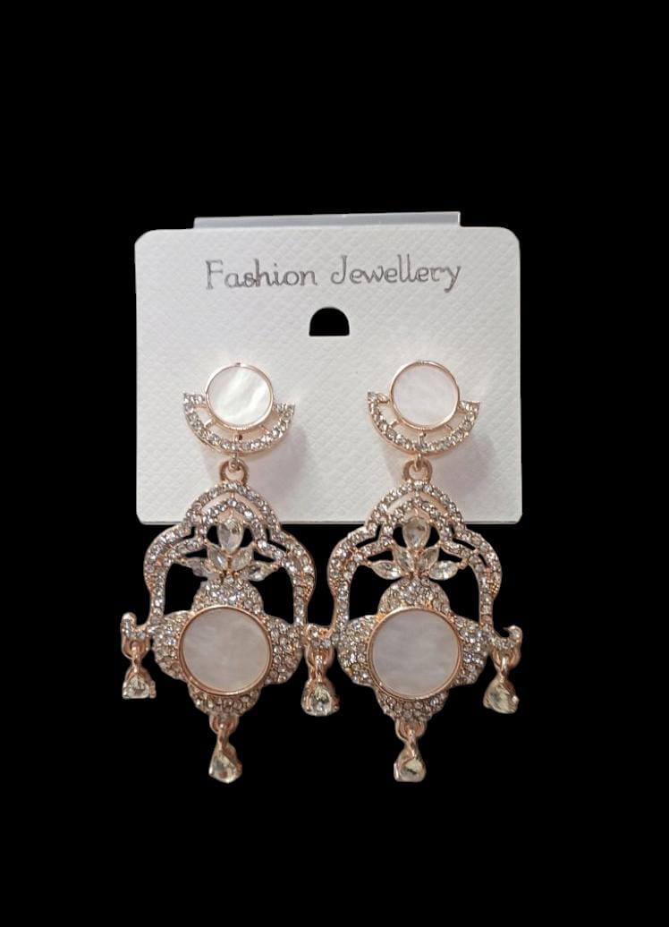 Royal Rose Gold Plated Mother of Pearl (MOP) Chandelier Earrings with CZ Stones – Party & Wedding Wear