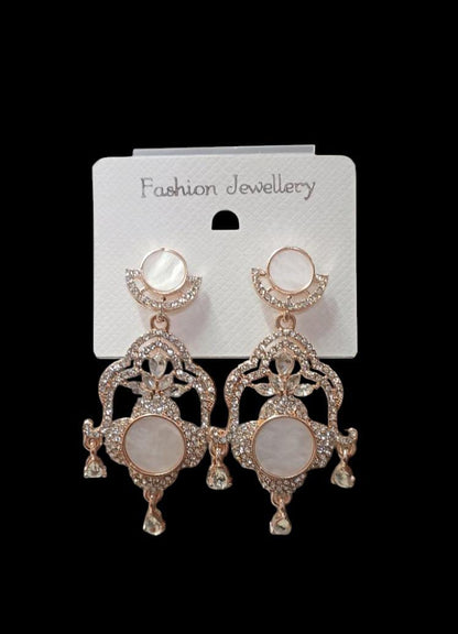 Royal Rose Gold Plated Mother of Pearl (MOP) Chandelier Earrings with CZ Stones – Party & Wedding Wear